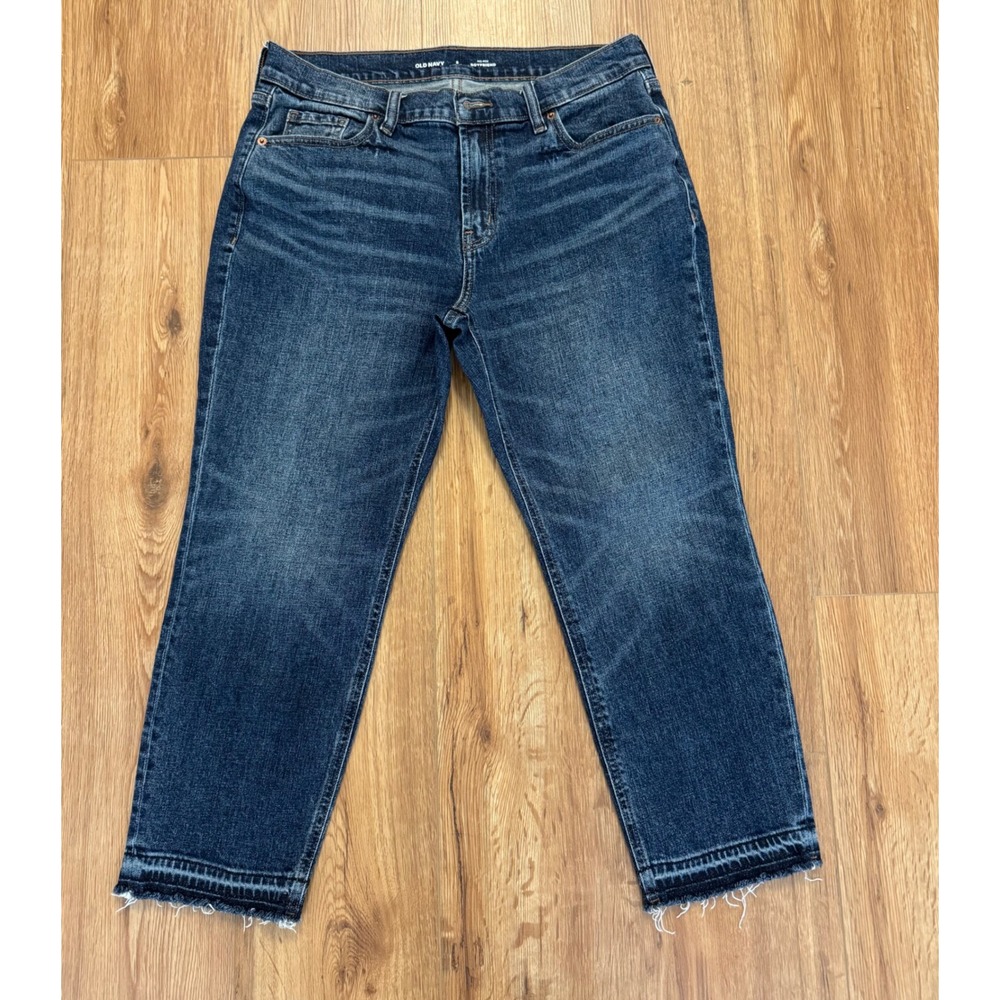Old Navy Mid-Rise Boyfriend Jeans Dark Wash Raw Released Hem 8 Petite